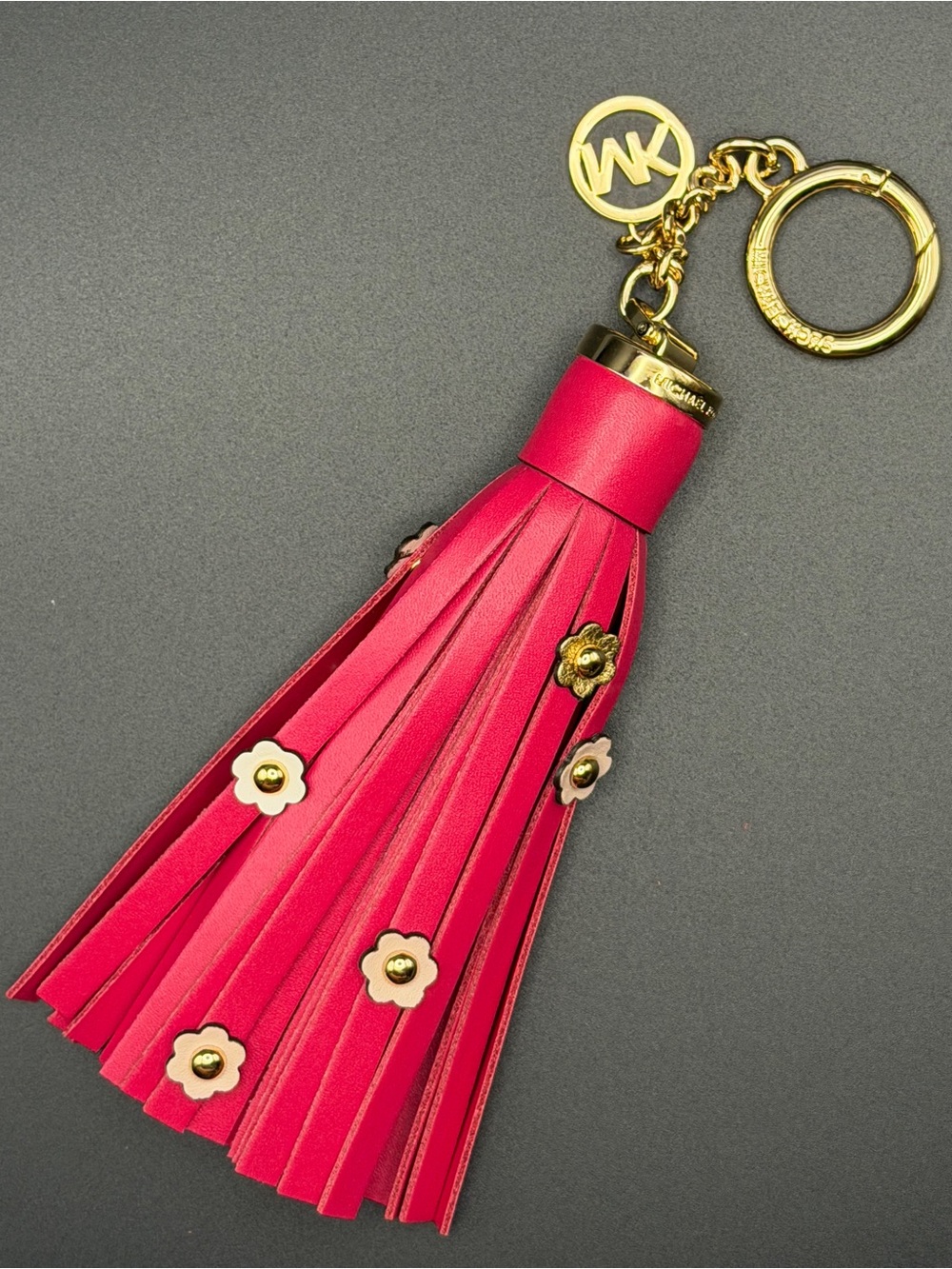 Michael Kors Hot Pink Leather Floral Tassel Keyring with Gold Hardware